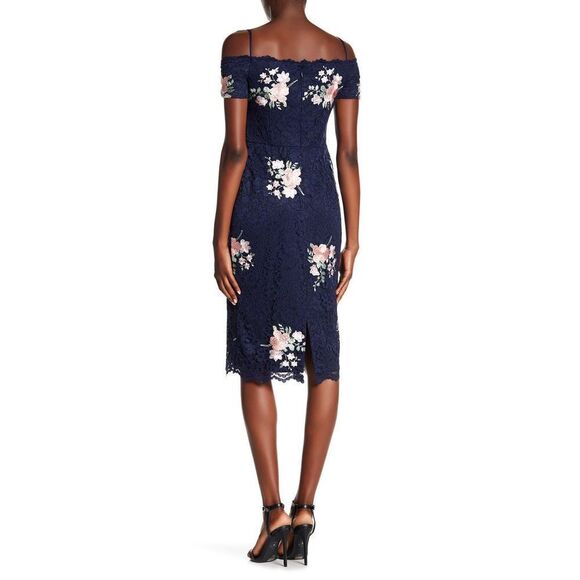 Nicole Miller Women's Strapless Laced Floral Off The Shoulder Midi Dress Navy 6 - Picture 16 of 16